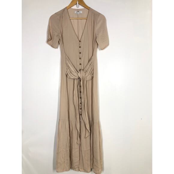 Love Whit Port Dress Tie Waist Short Sleeve Button Front Midi Nude S - Picture 5 of 15